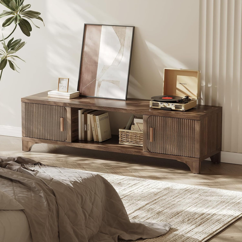 Mid Century Modern TV Stands for 55/60/65 Inch TV Boho Media Console for Living Room Fluted TV Entertainment Center with Storage Wood Television Cabinet for Bedroom