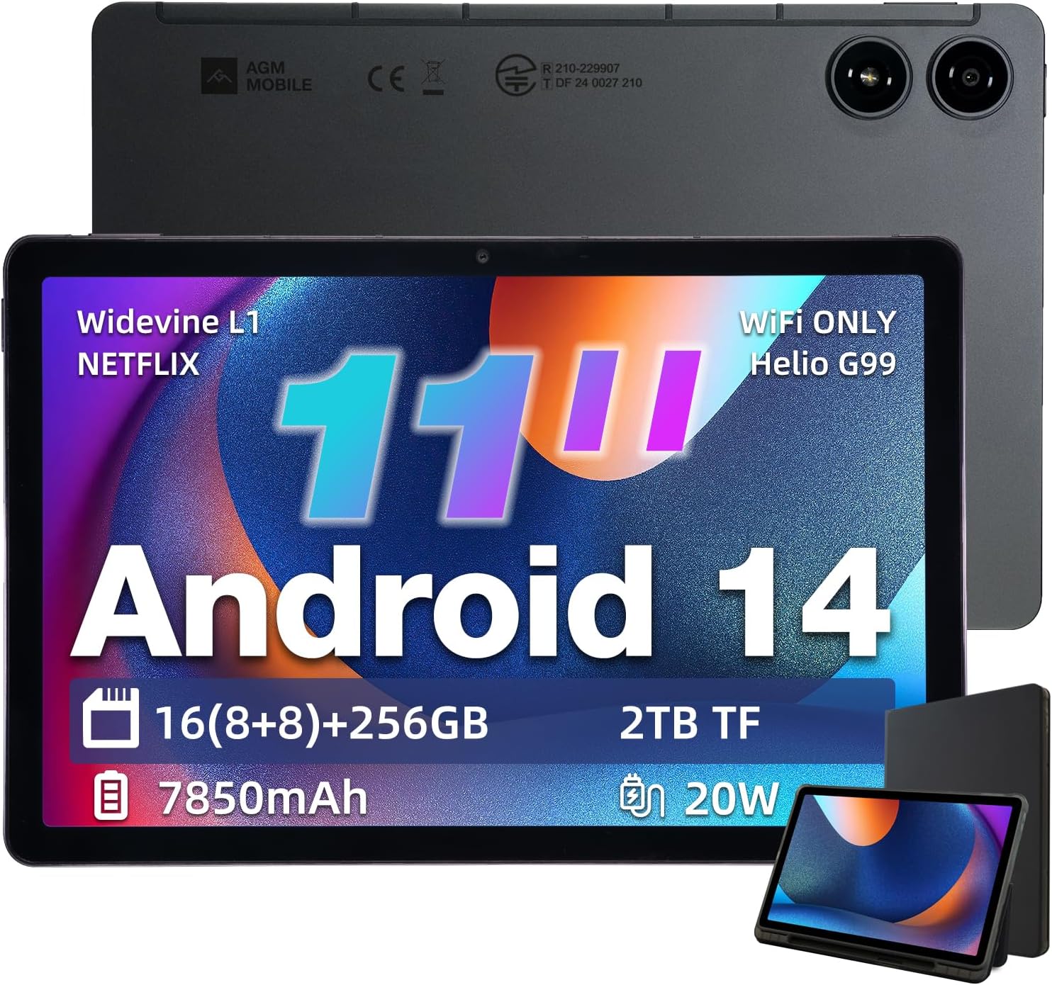 AGM PAD P2 11 inch Android 14 Tablet, 90Hz 480 Nits 1920 * 1200 FHD+ IPS Display, MTK G99, Widevine L1 Certified, Quad Box Stereo Speakers, 7850 mAh, 16(8+8)GB + 256GB[TF 2TB], GPS, Compass, OTG, WiFi