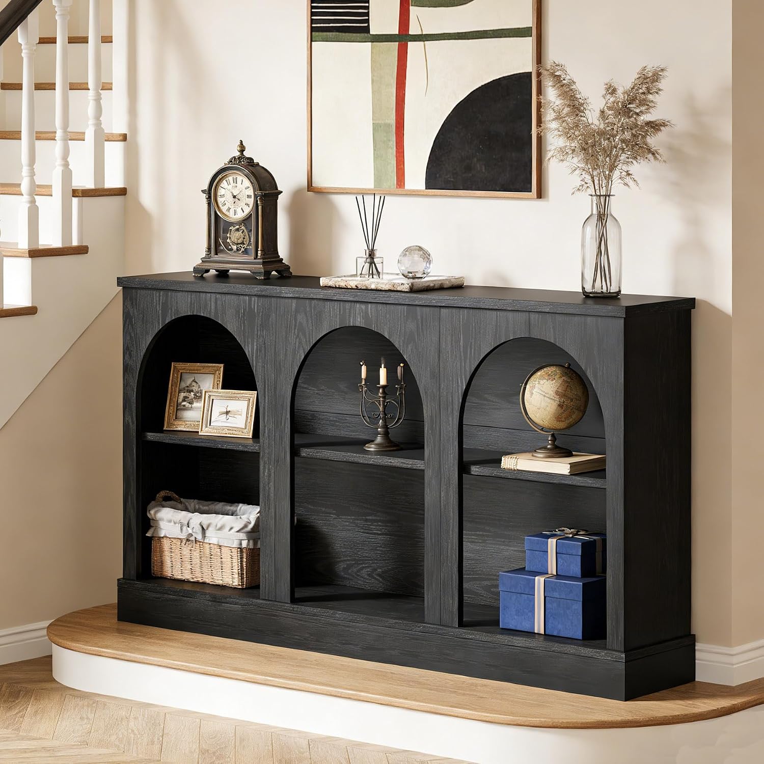 Tribesigns Wooden Narrow Entryway Table with 3-Tier Storage Shelf, 63' Long Modern Farmhouse Sofa Console Table for Hallway, Living Room, Entrance, or Bedroom (Black)