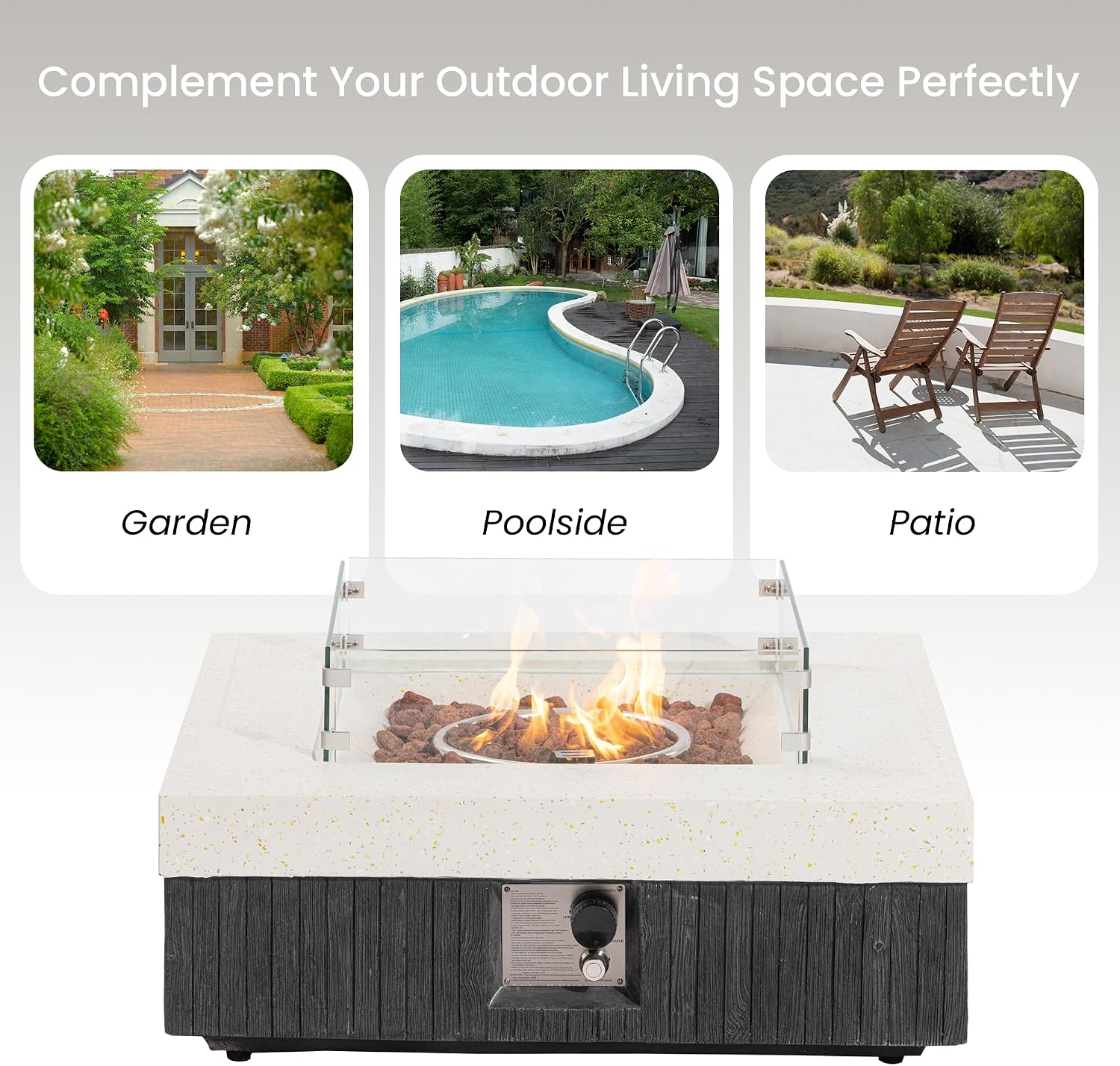 35inch Square Outdoor Propane Fire Pit Table-Black & White Finish,50000 BTU Auto-Ignition,CSA Certified,with 20 Gallon Tank Cover, Glass Wind Guard