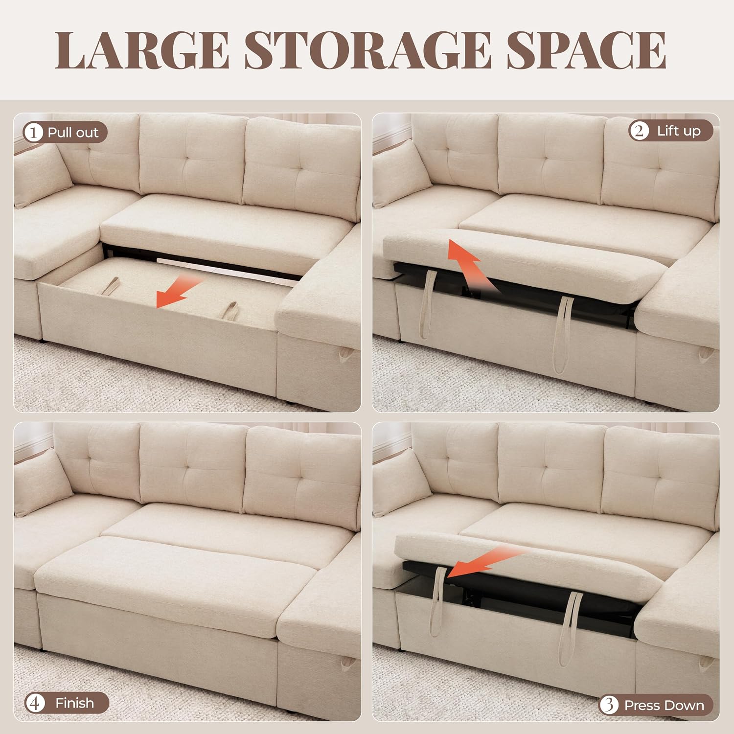 Huatean Home Oversized Sleeper Sofa Couch, 100 inch 2 in 1 Pullout Couch Bed with Side Pockets for Living Room, Sectional Sleeper Sofa Bed with Double Storage Chaise, Beige