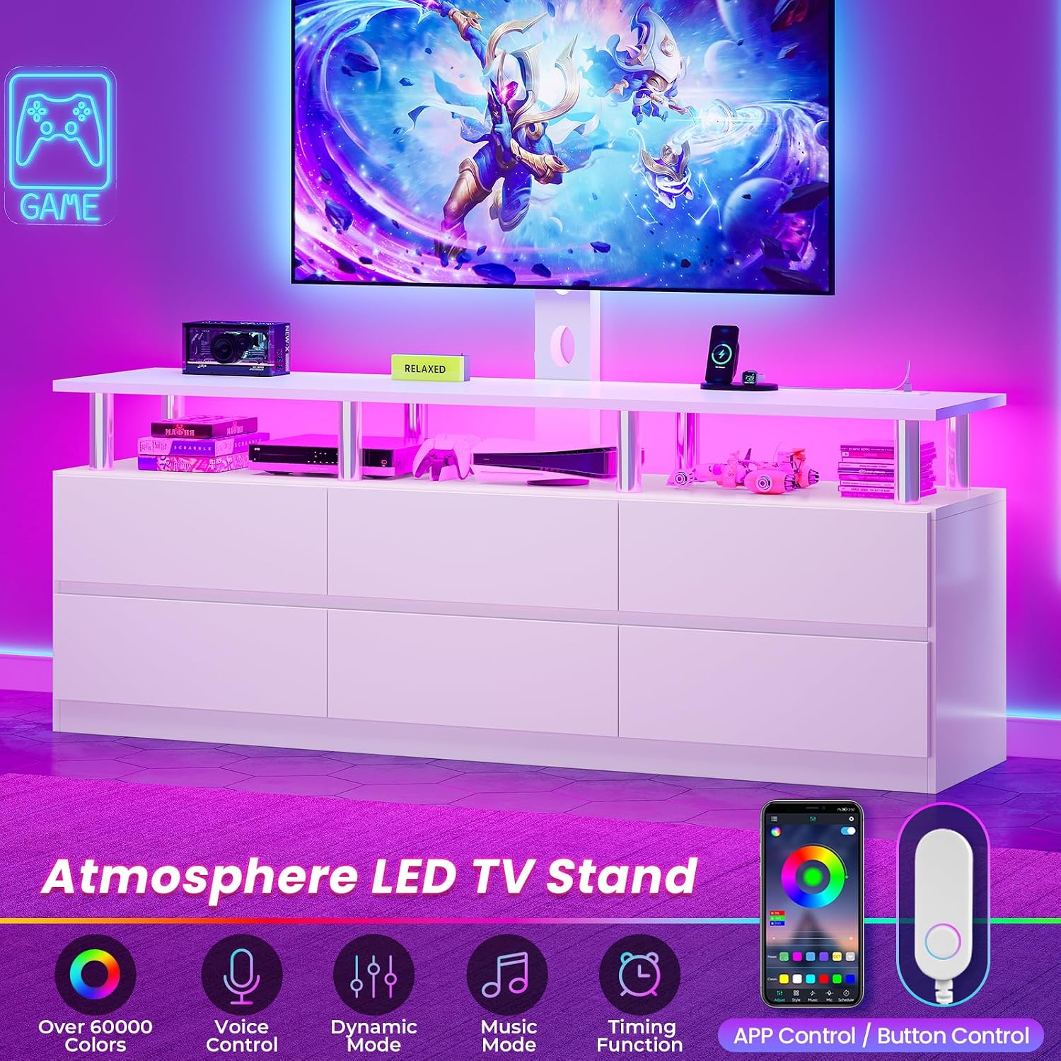 ADORNEVE TV Stand with Mount and Power Outlet, TV Mount for 32/45/55/60/65/70 inch TVs, Modern LED TV Stand with 6 Drawers,White Entertainment Center for Living Room,Bedroom