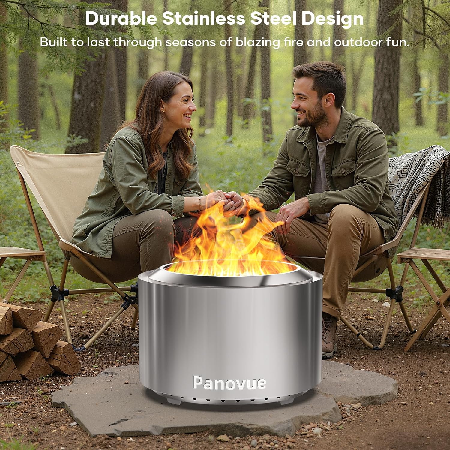Panovue 22 Inch Smokeless Fire Pit, Stainless Steel Wood Burning Outdoor Firepit for Outside Patio, Backyard, Camping and Outdoor Gatherings,Outdoor Fire Place with Removable Ash Pan