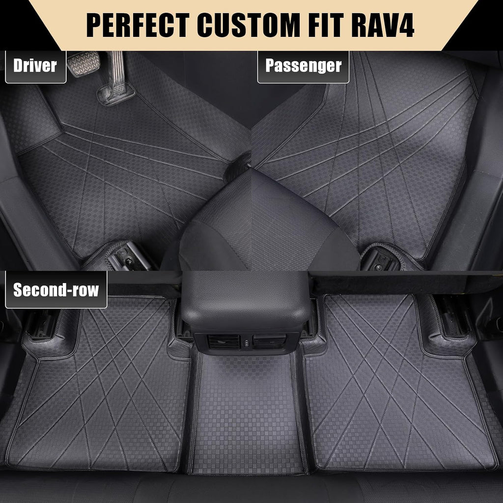 EKR Custom Floor Mats for Toyota RAV4 (Hybrid only) 2019-2025, Front & 2nd Row Luxury Car Floor Mat Fit RAV4 2019 2020 2021 2022 2023 2024 2025 - Leather (Black)