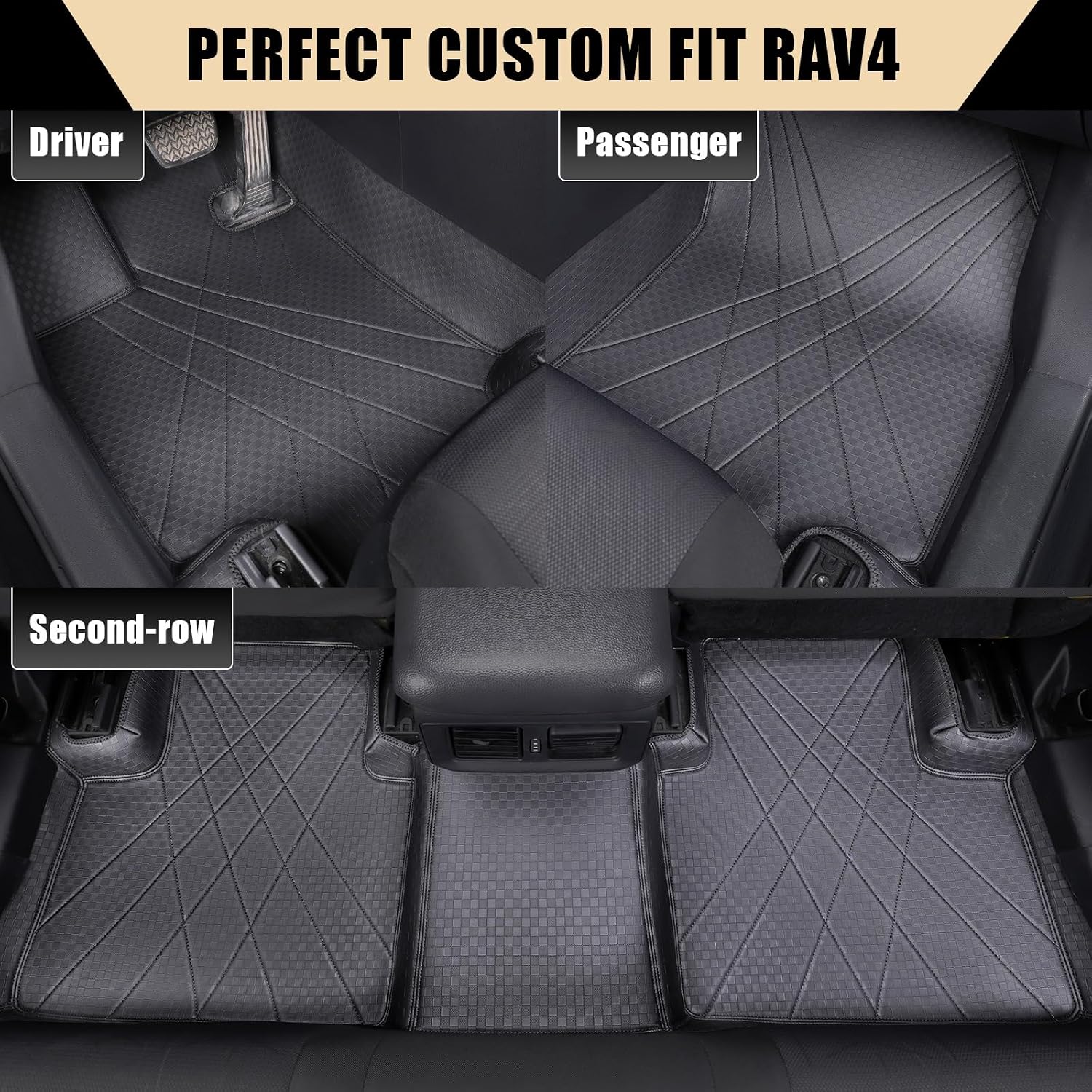 EKR Custom Floor Mats for Toyota RAV4 (Hybrid only) 2019-2025, Front & 2nd Row Luxury Car Floor Mat Fit RAV4 2019 2020 2021 2022 2023 2024 2025 - Leather (Black)