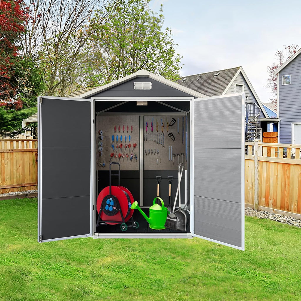 6x4 FT Outdoor Plastic Storage Shed with Floor & Lockable Door, Waterproof Garden Tool Shed with Window & Vent, All-Weather Resin Utility Shed for Backyard, Lawn, Patio, Gray