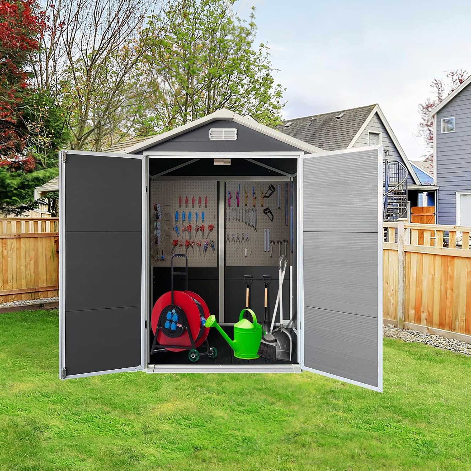 6x4 FT Outdoor Plastic Storage Shed with Floor & Lockable Door, Waterproof Garden Tool Shed with Window & Vent, All-Weather Resin Utility Shed for Backyard, Lawn, Patio, Gray