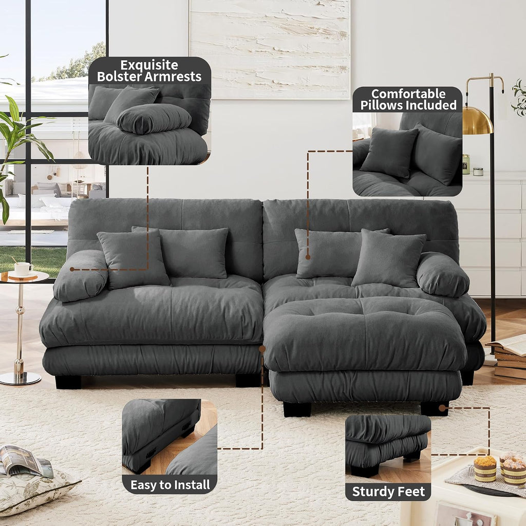 Loveseat Modular Sectional Sofa, Modern L Shaped Couch with Ottoman, Oversized Deep Seat Sectional Couches for Living Room, Comfy Chenille Cloud Couch with 4 Pillows, Loveseat Sofa for Bedroom