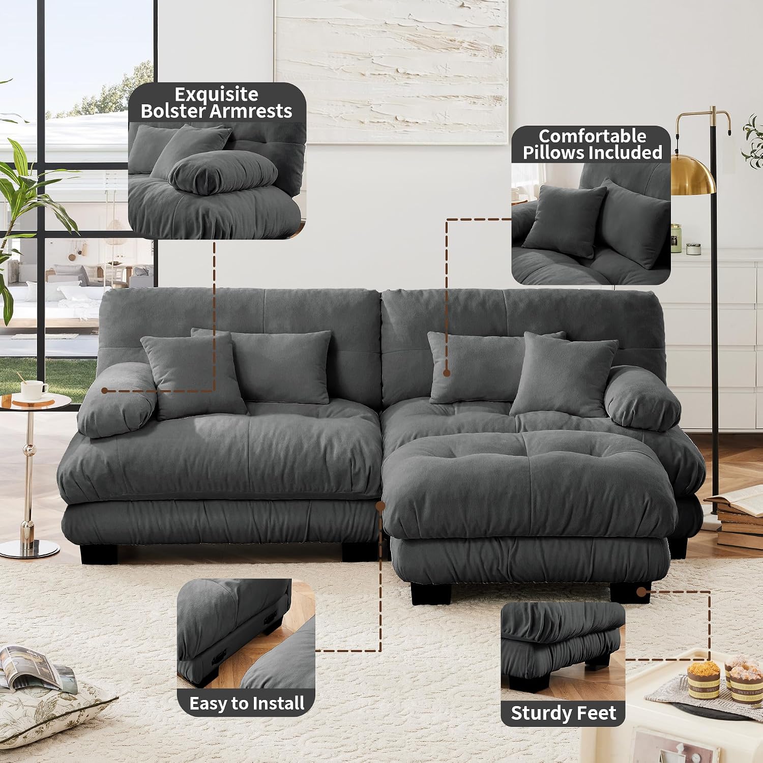 Loveseat Modular Sectional Sofa, Modern L Shaped Couch with Ottoman, Oversized Deep Seat Sectional Couches for Living Room, Comfy Chenille Cloud Couch with 4 Pillows, Loveseat Sofa for Bedroom