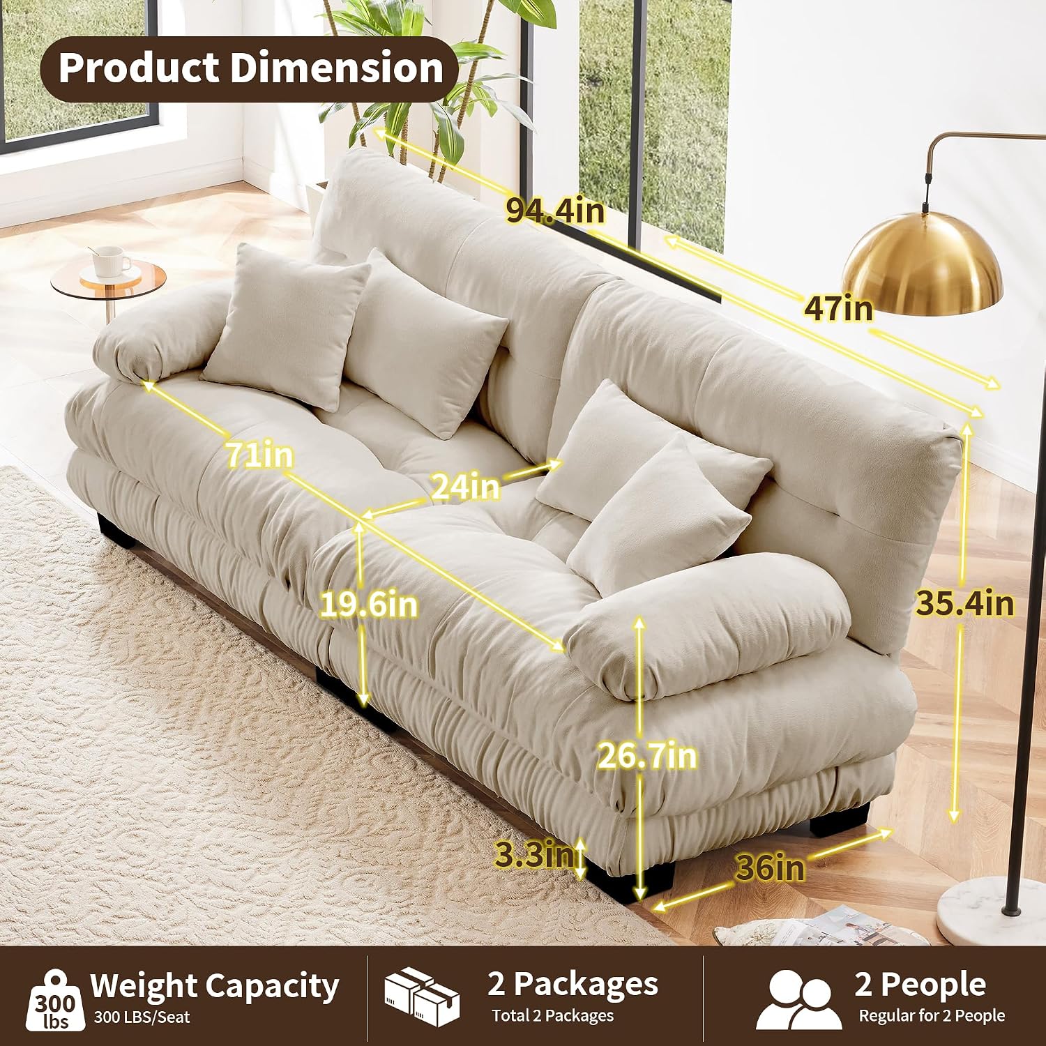 Modular Sectional Sofa, 2 Seater Cloud Couch Small Couches for Small Spaces, Modern Deep Seat Couch, Home Sofa Living Room Oversized Loveseat with Bolster Armrests 4 Pillows | Small Spaces, Deep Seat, Bolster Armrests, 4 Pillows