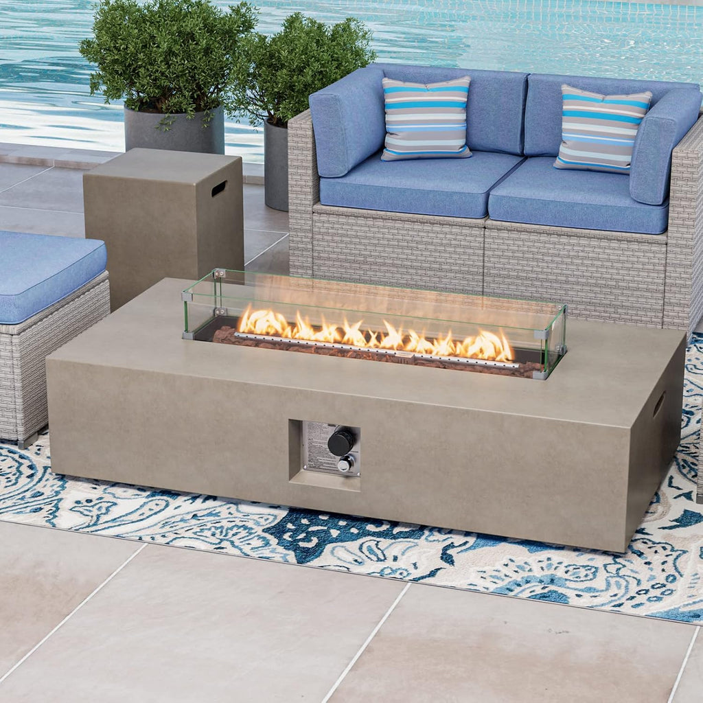 COSIEST 2-Piece Outdoor Propane Fire Table Set, Rectangle Concrete 56' x 28' Gray Fire Pit (Certified, 50,000 BTU) w 20lb Tank Table, Wind Guard, Waterproof Cover for Garden, Porch, Backyard