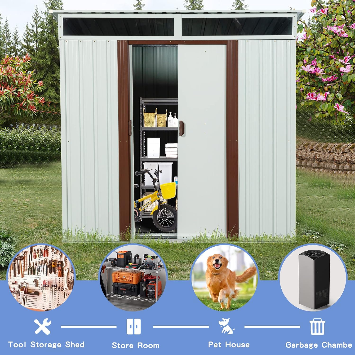 6.4 x 5ft Outdoor Storage Shed,Steel Garden Tool Shed with Floor Frame & Double Lockable Doors,Metal Outdoor Storage Clearance for Backyard Patio Lawn (White-Side Window)