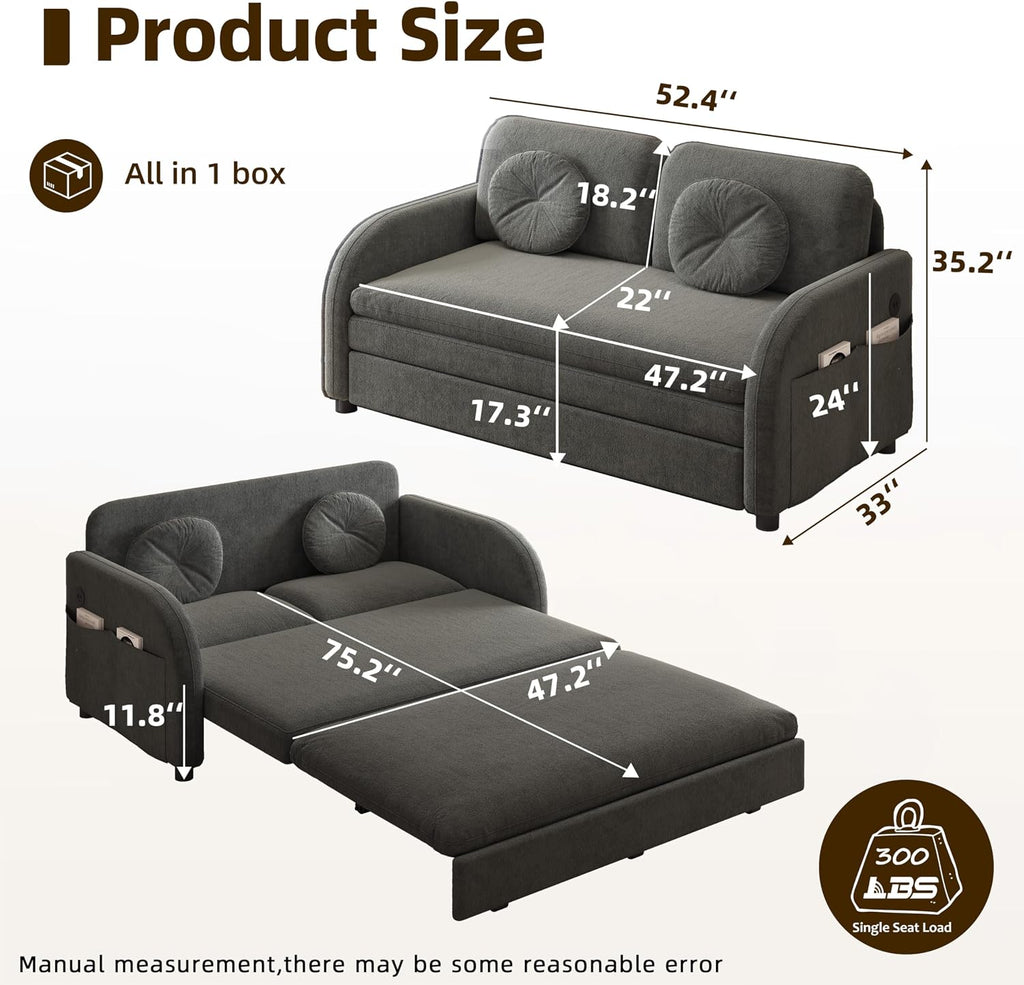 52.4'' Pull Out Couch Full-Size, Futon Sofa Bed, Convertible Sleeper Sofa Bed with USB Port, Storage Pockets, 2 Pillows, Modern Chenille Loveseat Couches for Small Space, Living Room, Grey