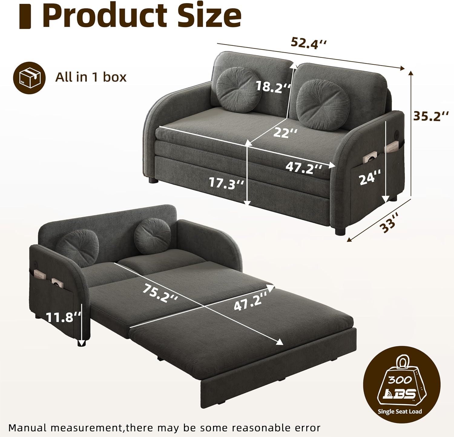 52.4'' Pull Out Couch Full-Size, Futon Sofa Bed, Convertible Sleeper Sofa Bed with USB Port, Storage Pockets, 2 Pillows, Modern Chenille Loveseat Couches for Small Space, Living Room, Grey