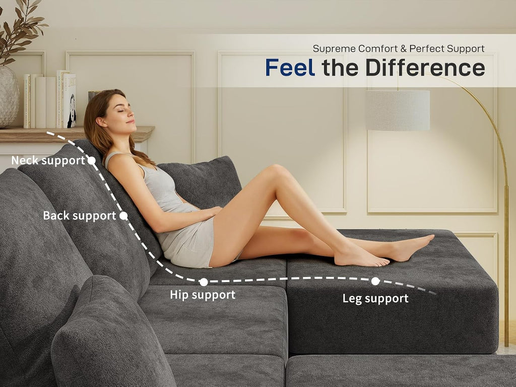 Cloud Modular Sectional Sofa, Comfy Boneless Couch for Living Room, Modern L-Shaped Couch with Reversible Chaise, Customizable Sleeper Sofa Bed with Non Slip, No Assembly & Deep Seat, Dark Grey
