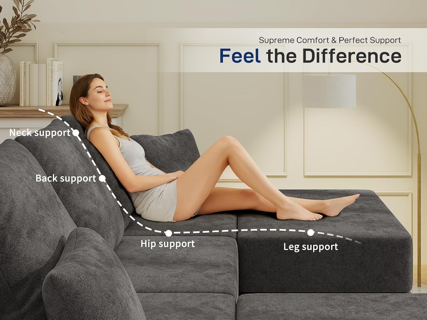 Cloud Modular Sectional Sofa, Comfy Boneless Couch for Living Room, Modern L-Shaped Couch with Reversible Chaise, Customizable Sleeper Sofa Bed with Non Slip, No Assembly & Deep Seat, Dark Grey
