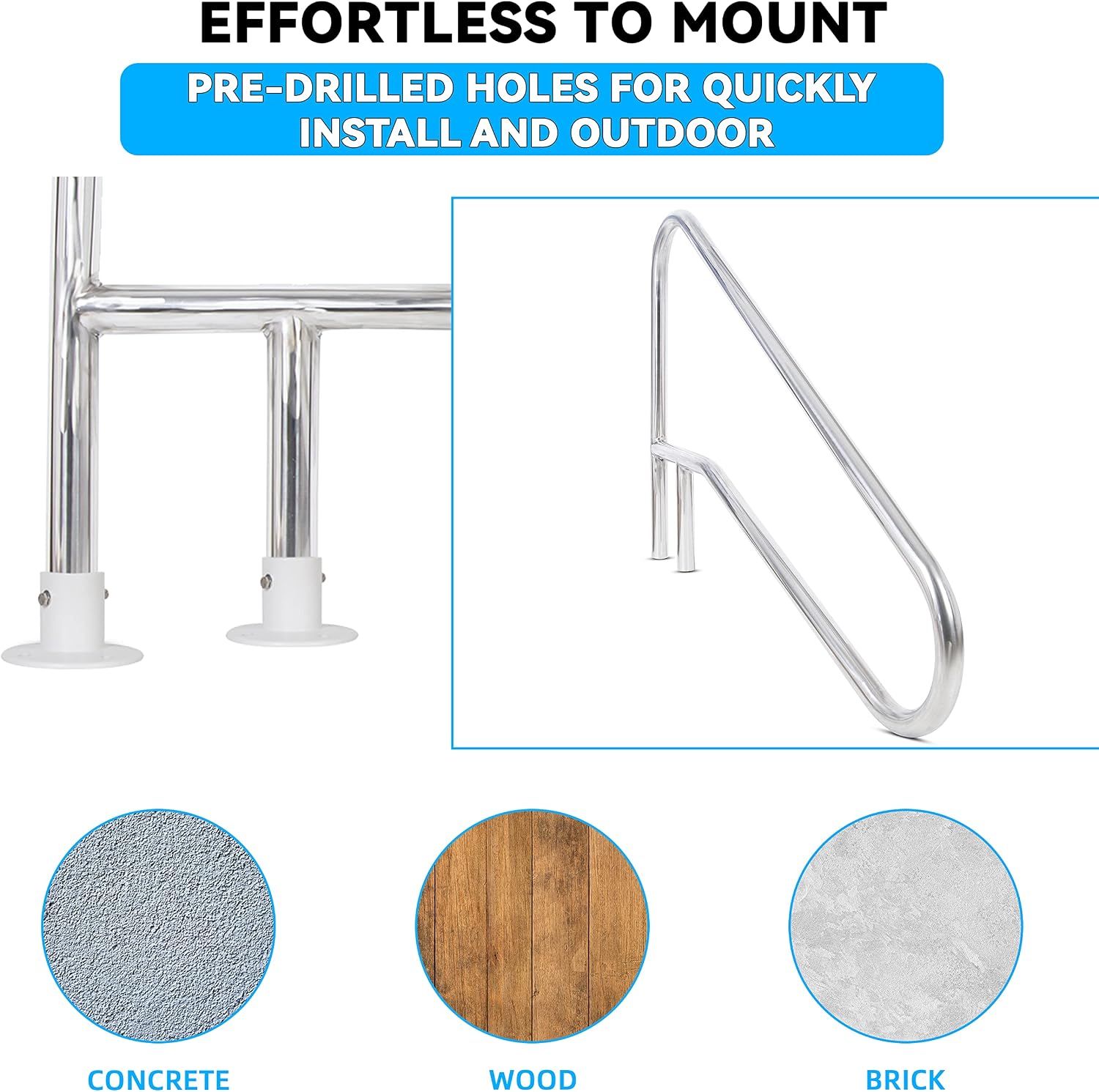 ECOTRIC 49-3/8'X35-3/8 Pool Handrail Deck Mounted Swimming Pool Step/Stair Rail 304 Stainless Steel Cross Brace 2 Packages