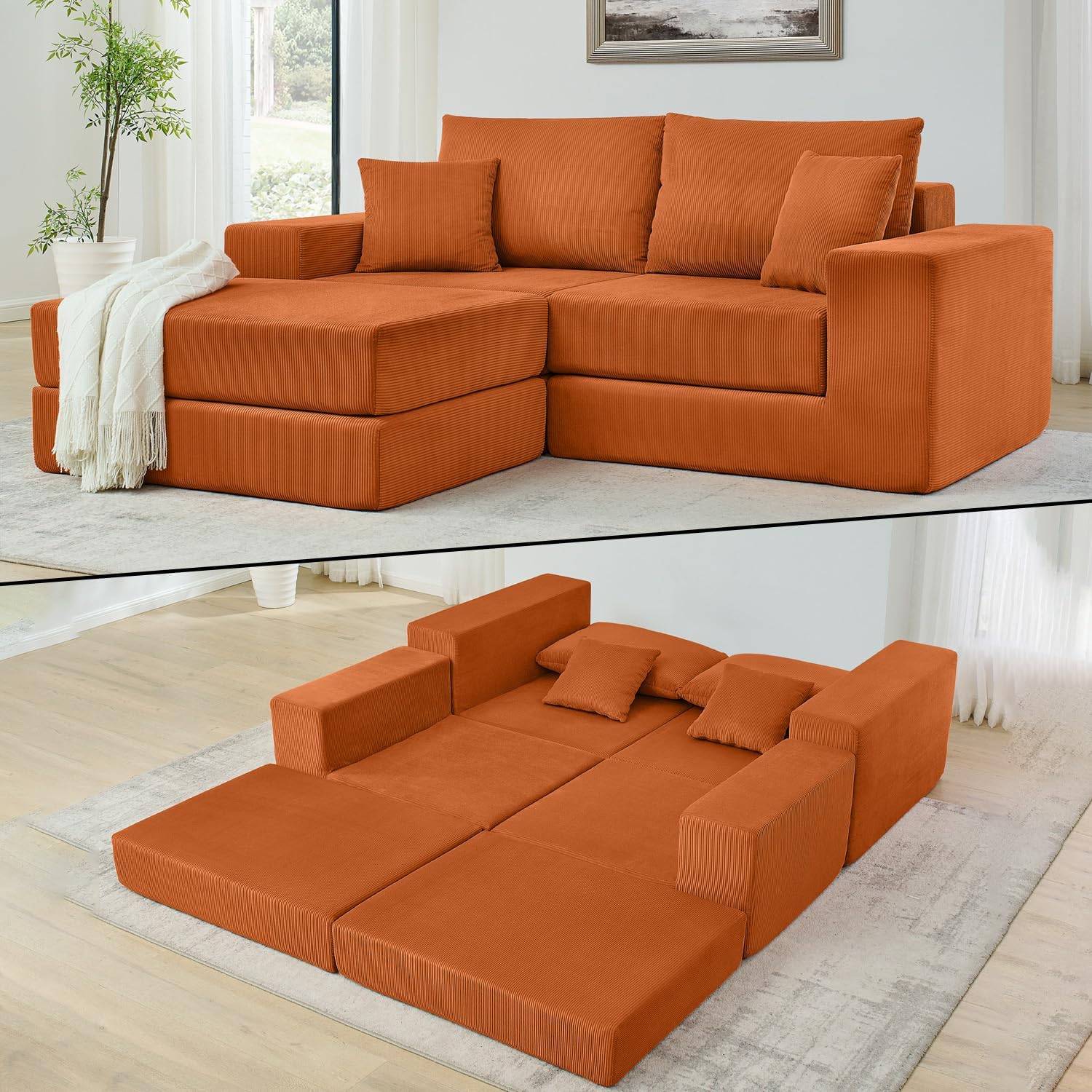 80 Inches Modular Sectional Loveseat Sofa, Cloud Boneless Couch with Non-Slip Base, Modern Sleeper Sofa Bed for Living Room, Small Spaces, No Assembly Required, Corduroy (Orange)