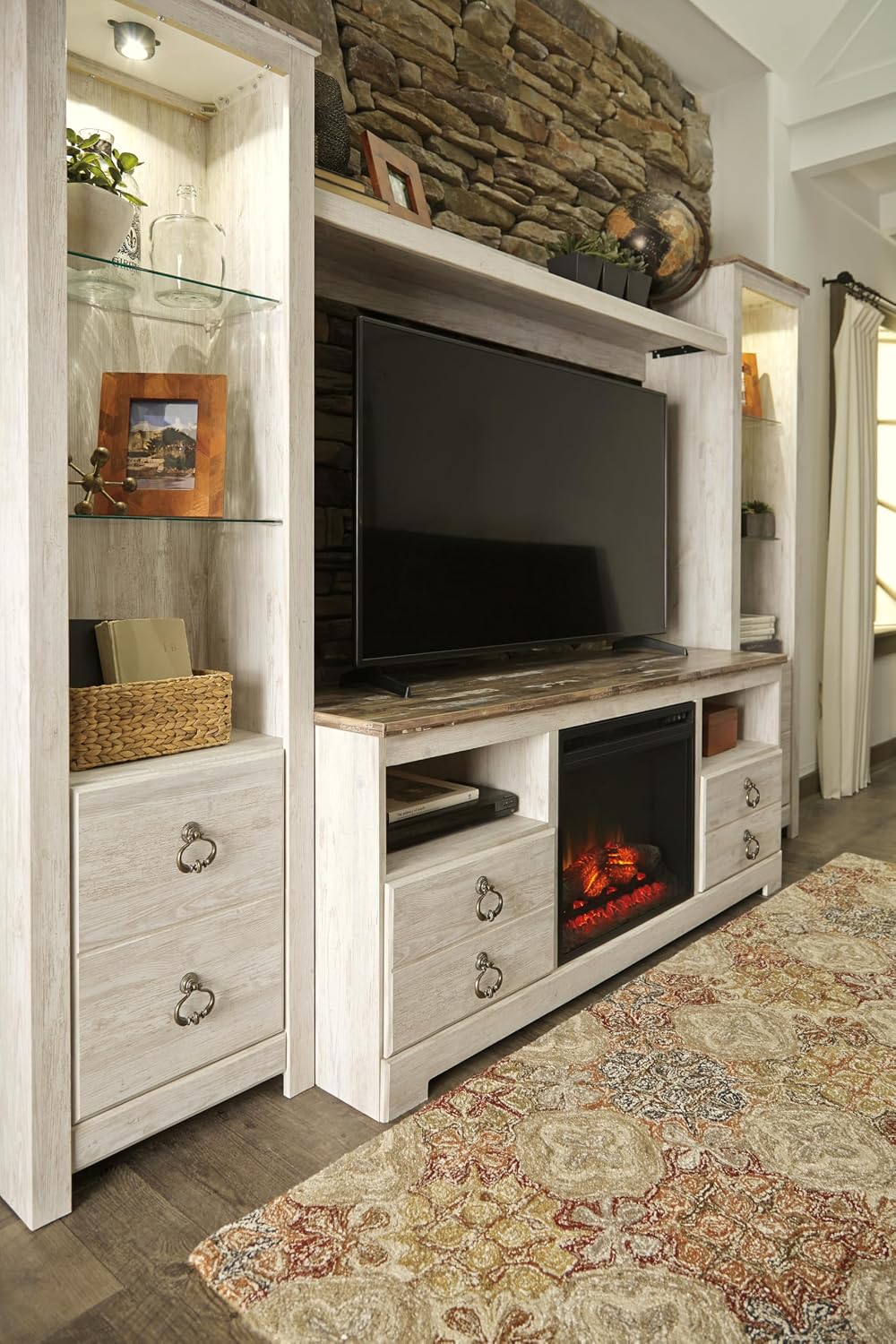 Signature Design by Ashley Entertainment Accessories Vintage 64' TV Stand with Electric Fireplace and LED Lights for TVs up to 72', Whitewash