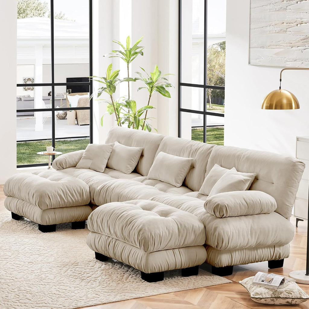 U Shaped Sectional Couches for Living Room, 133.8' Modular Sectional Sofa Cloud Couch with Ottoman, 3-Seater Modern Couch with Round Armrests 5 Pillows, Deep Seat Comfy Chenille Oversized Sofa