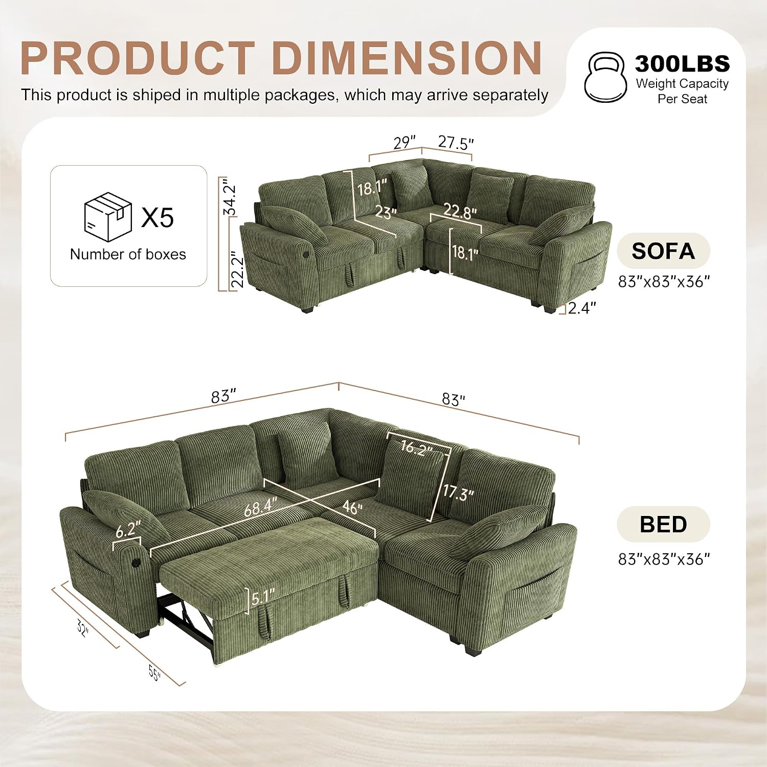 Hanherry Sectional Couch with Pull Out Sofa Bed,Corduroy Sleeper Sofa with 2 Seat Storage & USB Charging,Comfy L Shaped Modular Couches for Living Room,Apartment