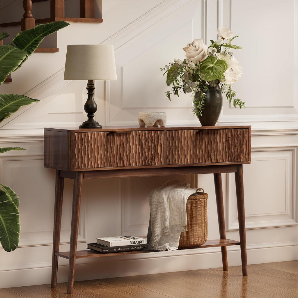 Console Table with Solid Wood Leg,Fluted Entryway Table with Storage Drawers, Mid-Century Modern Narrow Console Table for Living Room,Hallway,Walnut