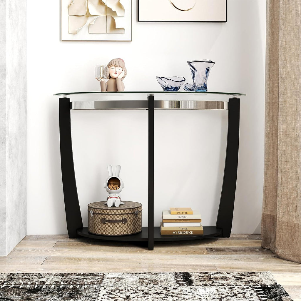 Giantex 2-Tier Glass Console Table, Half Moon Modern Entryway Table with Tempered Glass Top & Open Storage Shelf, Narrow Long Sofa Table for Living Room, Hallway, Foyer, Entrance (Black)