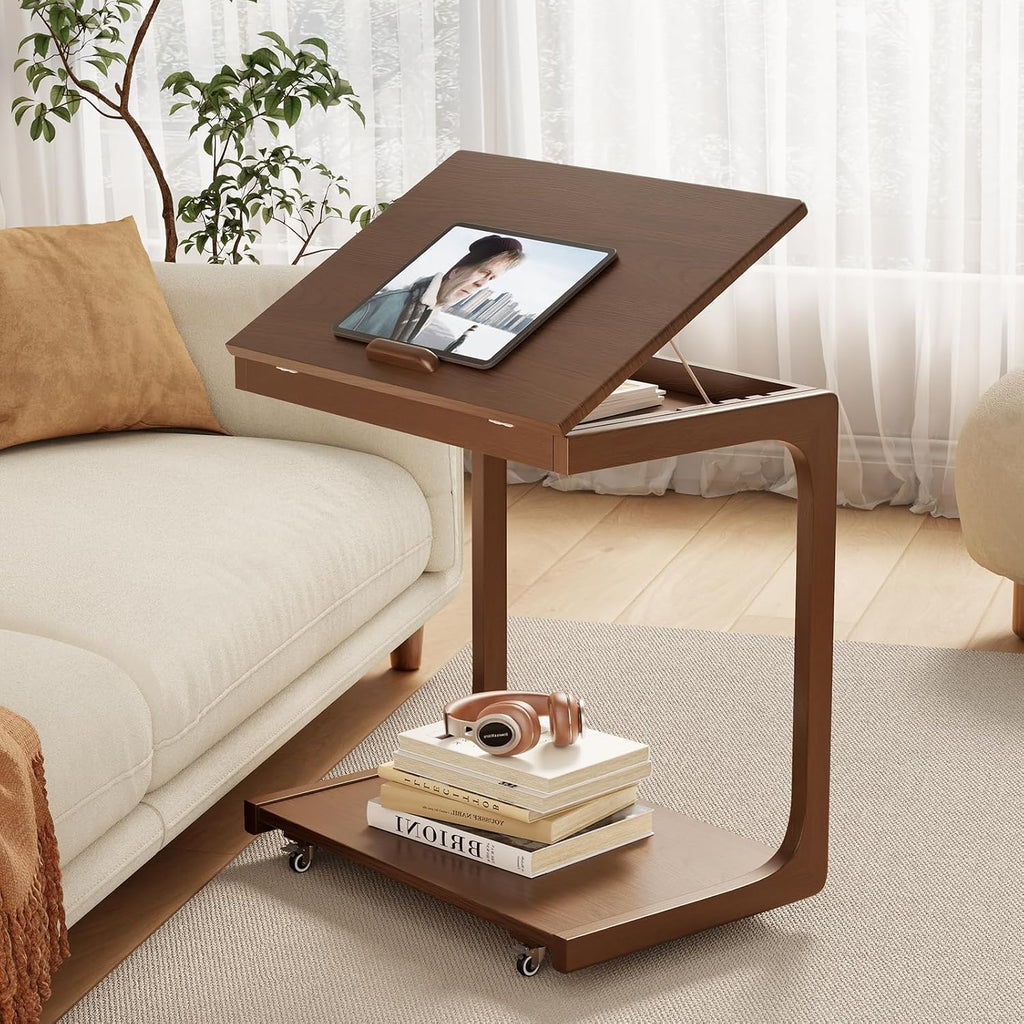 AQIMUELE Wooden C-Shaped End Table,Couch Table with Adjustable Desktop,Small Rolling Side Table with 2 Lockable Wheels 23.6' Width,Small End Table for Couch, Living Room,Bedroom (Walnut)