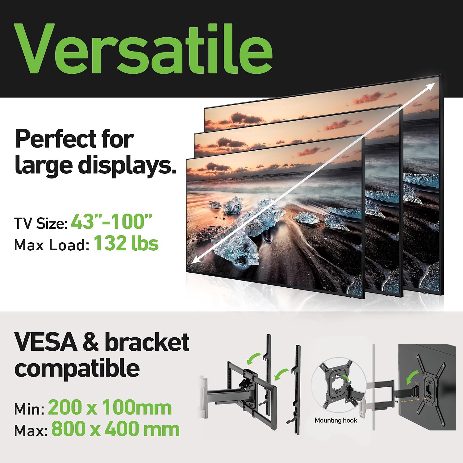Heavy Duty Dual Arm Articulating TV Wall Mount Bracket for Samsung QN85D QN55QN85D 55 Inch TV - Tilt & Swivel with Reduced Glare