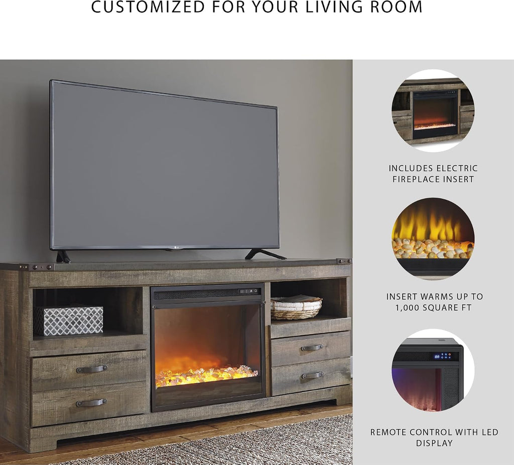 Signature Design by Ashley Trinell 63' TV Stand with Electric Fireplace Insert, Rustic Wood Look Media Console with Infrared Heat, Storage Drawers and Remote Control for Living Room Warmth