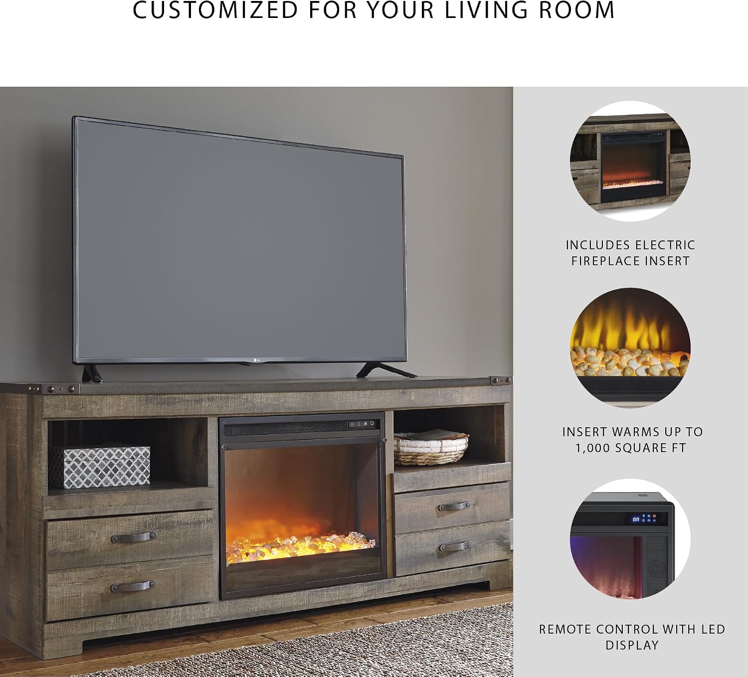 Signature Design by Ashley Trinell 63' TV Stand with Electric Fireplace Insert, Rustic Wood Look Media Console with Infrared Heat, Storage Drawers and Remote Control for Living Room Warmth