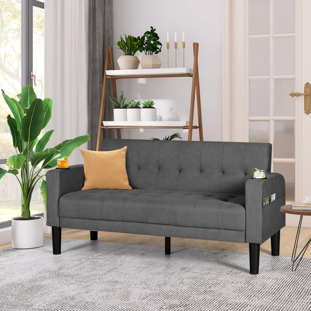 AILEEKISS 62' Loveseat Couches Upholstered Fabric Linen Love Seat Sofas Couch with 2 USB, Cup Holders, Side Pocket, Modern Tufted Sofa for Living Room, Office, Bedroom, Apartment (2-Seat, Dark Grey)