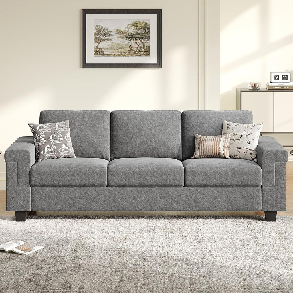 COPIAE 3 Seater Sofa Couch with Deep Seat, 90' Modern Upholstered Sofa with Armrests, Easy Installation, Comfy Couches for Living Room, Apartment, Light Gray