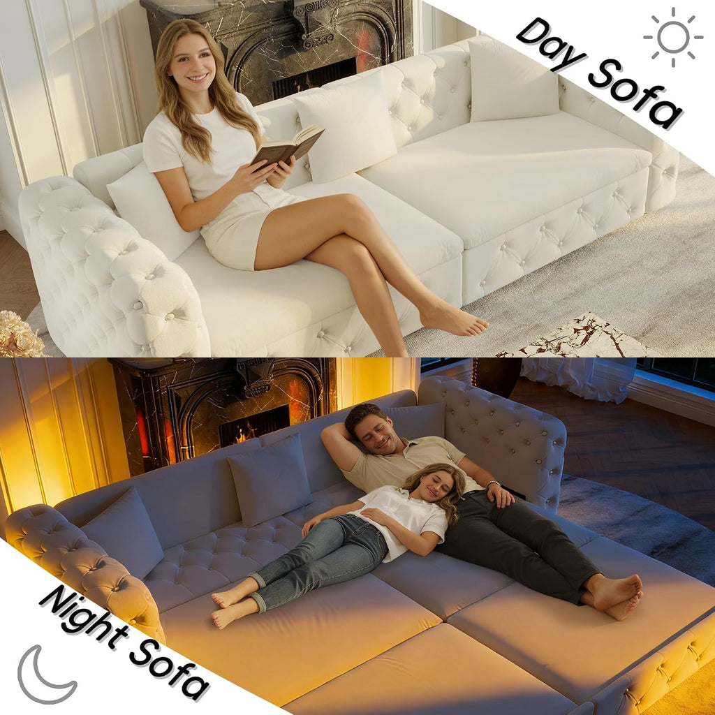 89' King Size Sleeper Sofa Bed, 3-in-1 Convertible Pull Out Chesterfield Sleeper Couch, Oversized Velvet Button Tufted Loveseat Sofa for Living Room Small Spaces, Beige White