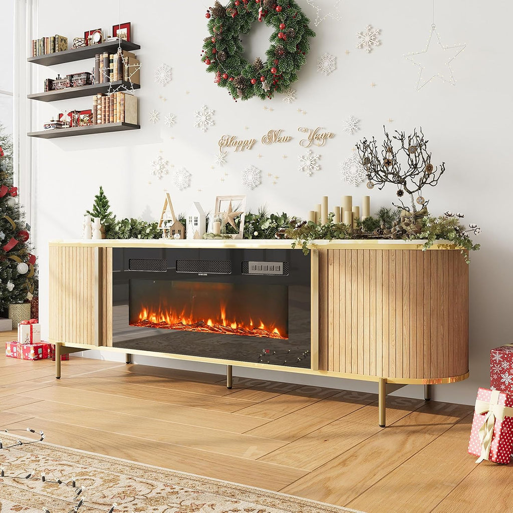 Luxury 70' Fluted TV Stand with Fireplace, Modern Chic Entertainment Center for TVs Up to 80', TV Console for Living Room, Media Cabinet with Storage,70 Inch, Natural