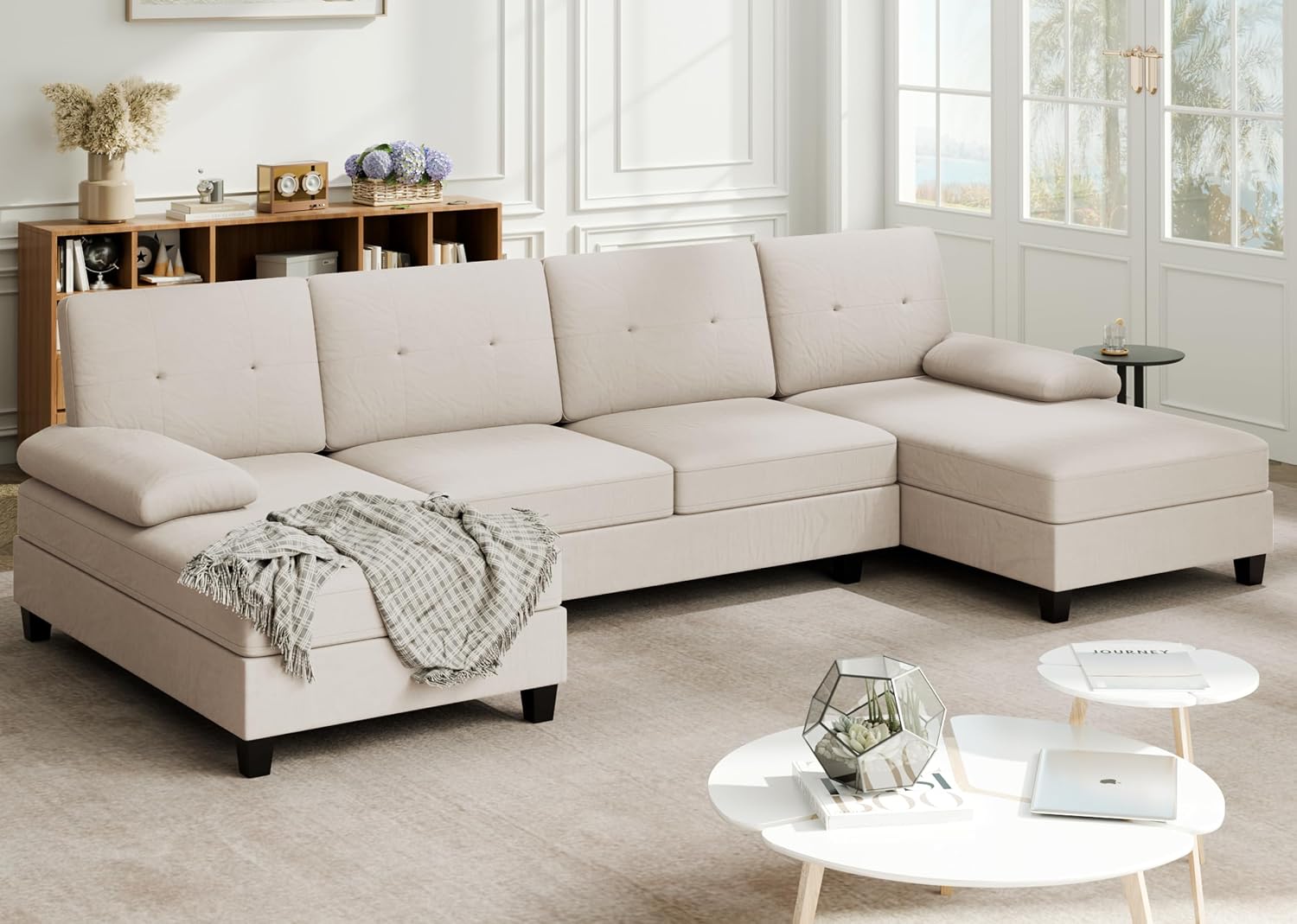 Sectional Couches for Living Room, U Shaped Couch with Linen Fabric, 4 Seat Sofa with Removable Pillows for Apartment and Small Space, White