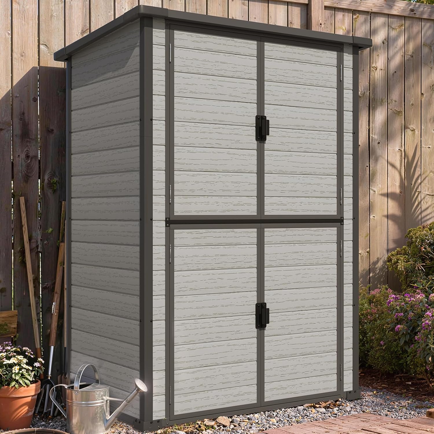 Large 58 Cu.Ft Resin Outdoor Storage Cabinet Waterproof with Adjustable Shelves, Vertical Tall Plastic Storage Cabinet with Reinforced Floor, Weatherproof Sheds & Outdoor Storage Clearance with Base