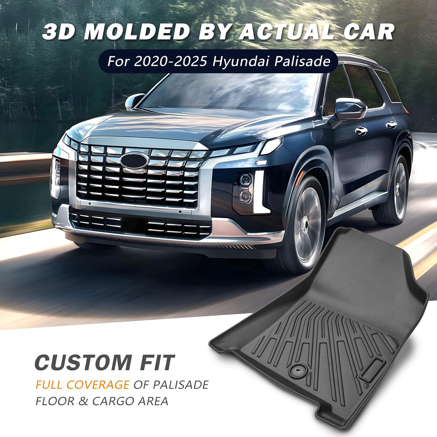 KUST Floor Mats for 2020-2025 Hyundai Palisade Accessories (7 Seater), All Weather Floor Liners & Rear Trunk Liner with Backrest Mat Car Mats TPE Rubber Raised Edge