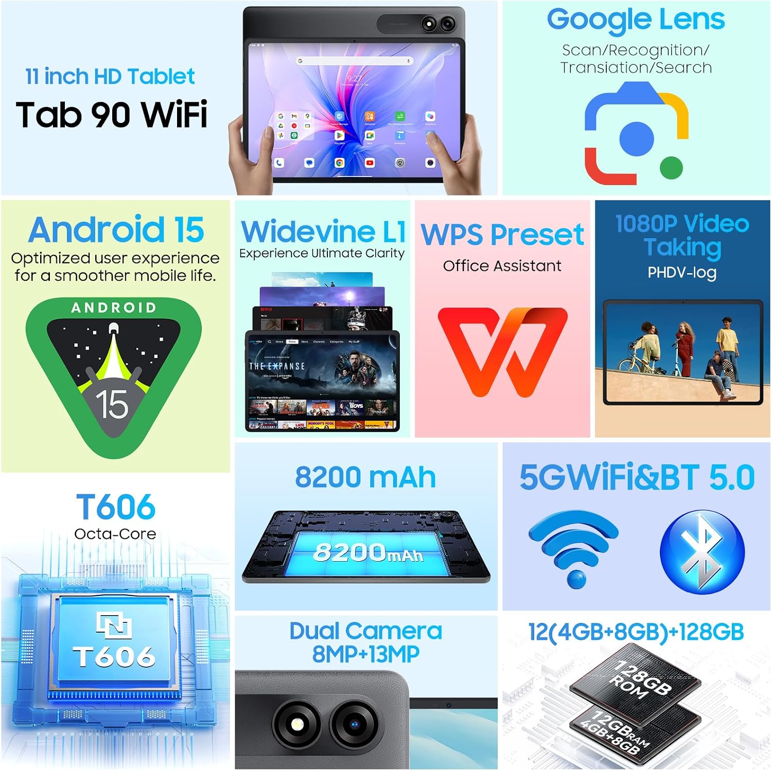 Blackview Android Tablet with Gemini Ai 3.0, Tablet 11 inch with 12GB+128GB/2TB TF, 5G WiFi Tablets, Octa-core CPU, 8200mAh/Fast Charge,120HZ/13MP+8MP Ai Camera/Face ID, Gray