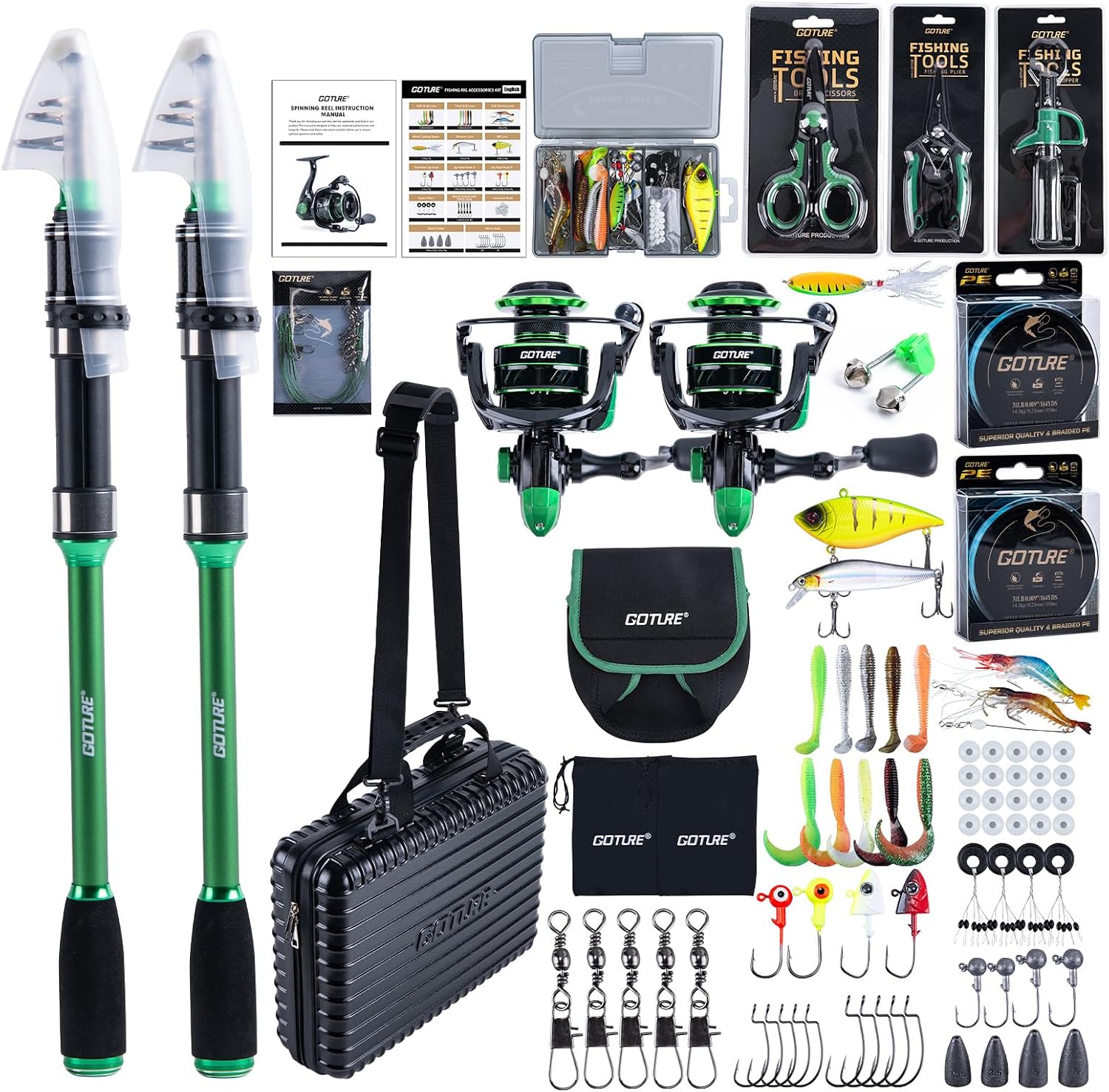 Goture Fishing Poles and Reels Combo - Green Telescoping Fishing Rod Portable Travel Kit with Carrier Bag for Freshwater Saltwater
