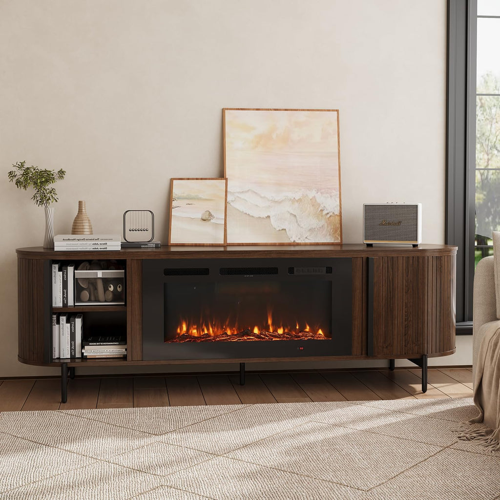 Luxury 70' Fluted TV Stand with Fireplace, Modern Chic Entertainment Center for TVs Up to 80', TV Console for Living Room, Media Cabinet with Storage,70 Inch, Brown