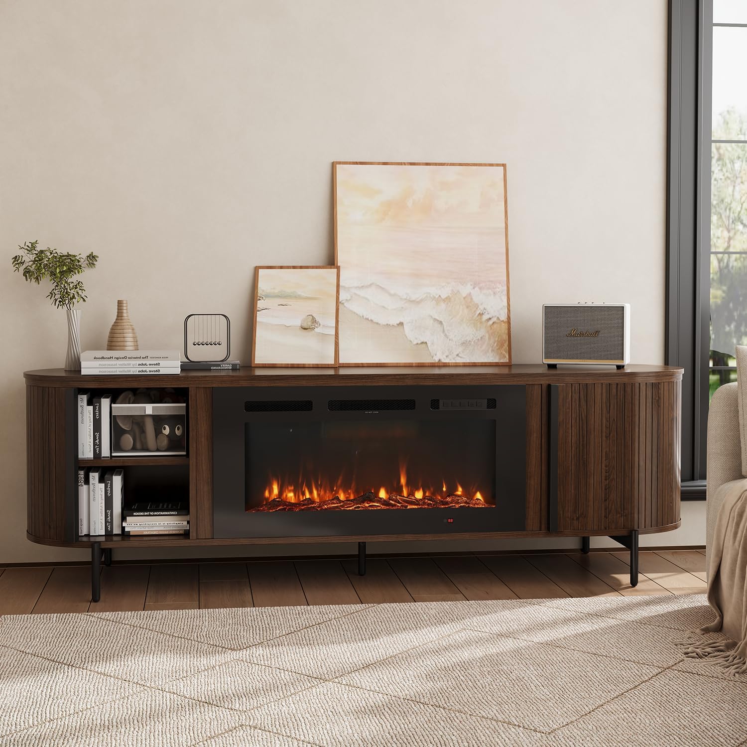 Luxury 70' Fluted TV Stand with Fireplace, Modern Chic Entertainment Center for TVs Up to 80', TV Console for Living Room, Media Cabinet with Storage,70 Inch, Brown