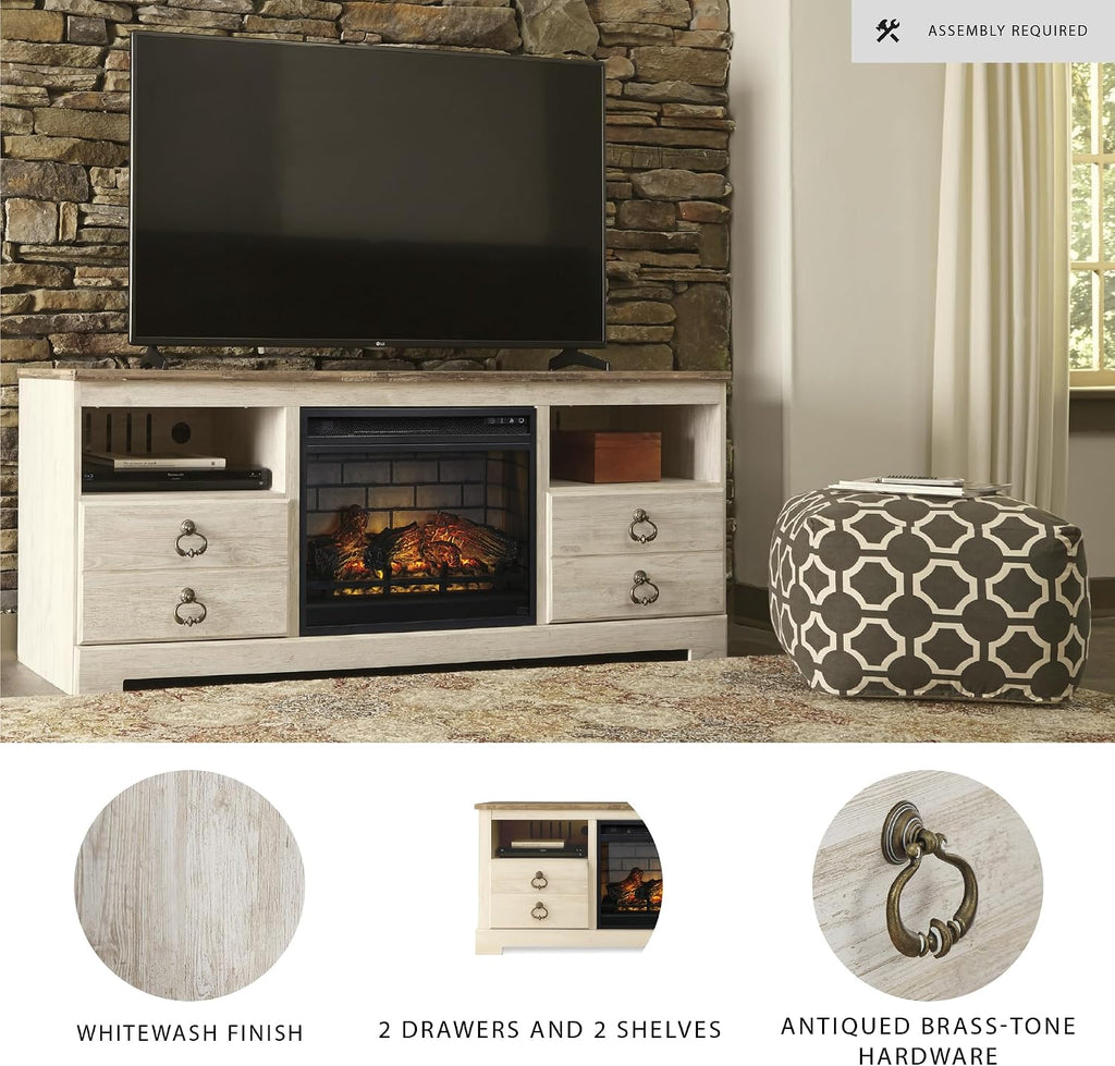 Signature Design by Ashley Entertainment Accessories Vintage 64' TV Stand with Electric Fireplace and LED Lights for TVs up to 72', Whitewash