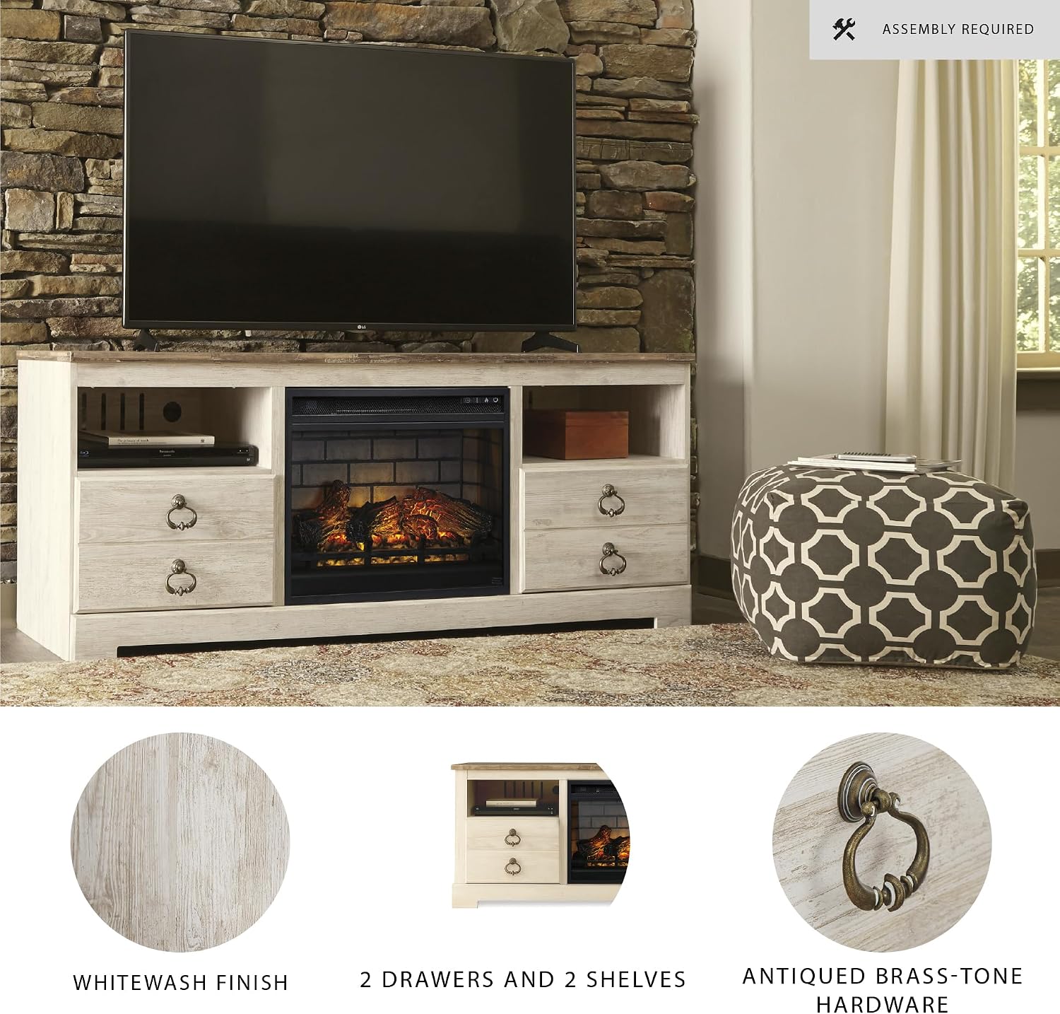 Signature Design by Ashley Entertainment Accessories Vintage 64' TV Stand with Electric Fireplace and LED Lights for TVs up to 72', Whitewash