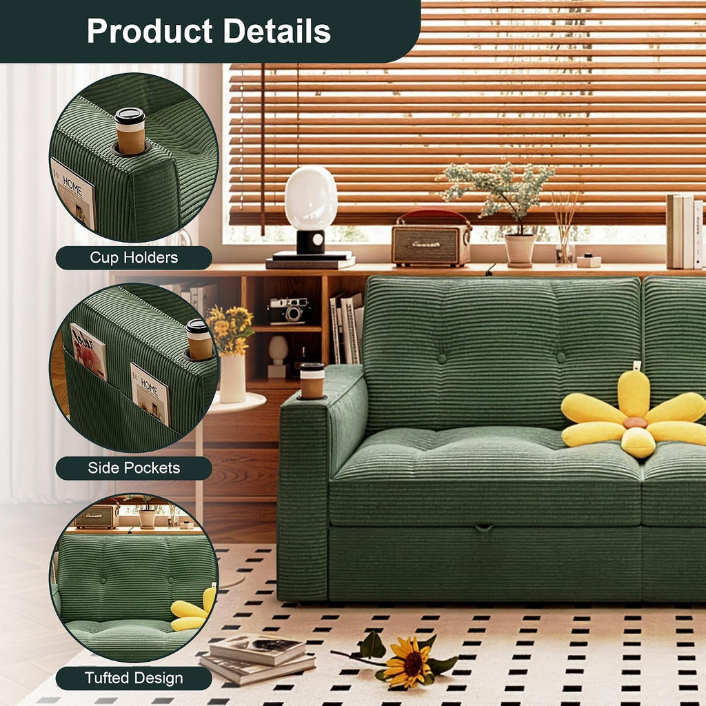 MAKIAAP Sleeper Sofa Bed, Queen Size Sofa Bed, Convertible Pull Out Couch with Adjustable Backrest, USB Port and Side Pockets, Modern 2 Seater Small Couches for Living Room, Space-Saving