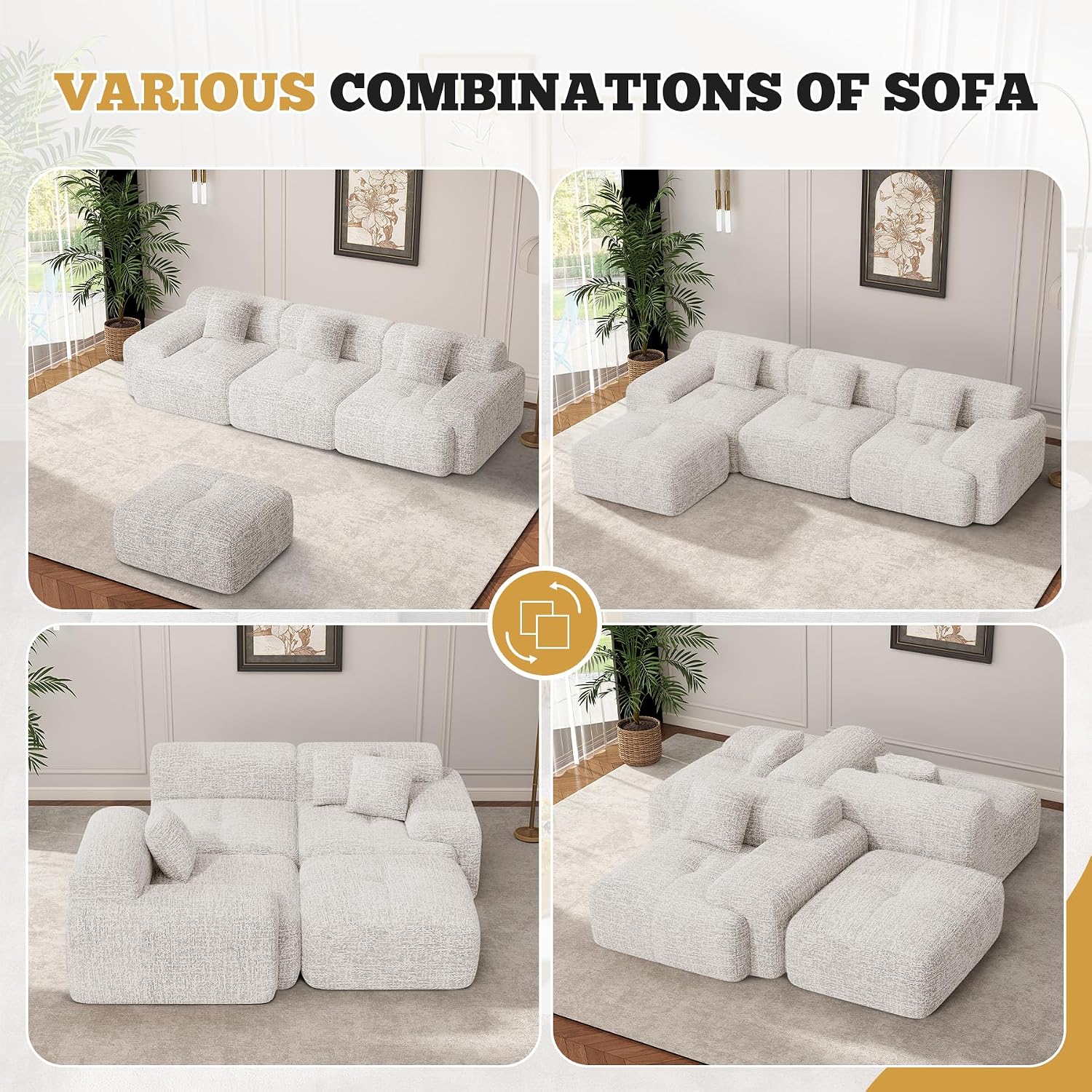 158' U Shaped Boneless Couches for Living Room, 6 Seater Modern Chenille Cloud Couch, Convertible Modular Sectional Sofa Set, No Assembly Required, Beige 1 PCS