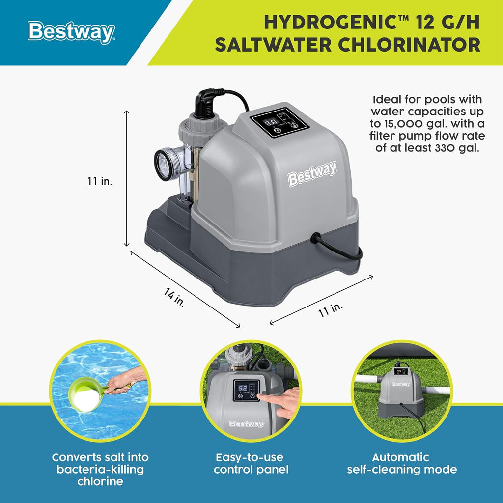 Bestway Hydrogenic 12 G/H Saltwater Chlorinator Automatic Self-Cleaning Mode for 15,000 Gallon Above Ground Swimming Pools with Test Strips