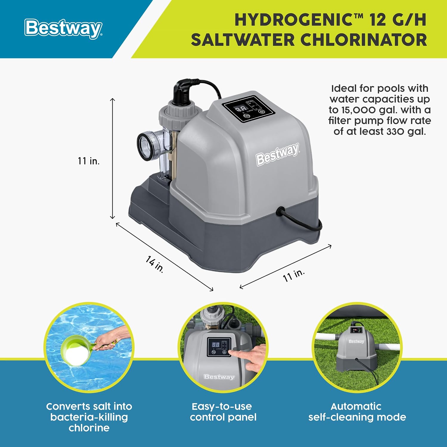 Bestway Hydrogenic 12 G/H Saltwater Chlorinator Automatic Self-Cleaning Mode for 15,000 Gallon Above Ground Swimming Pools with Test Strips