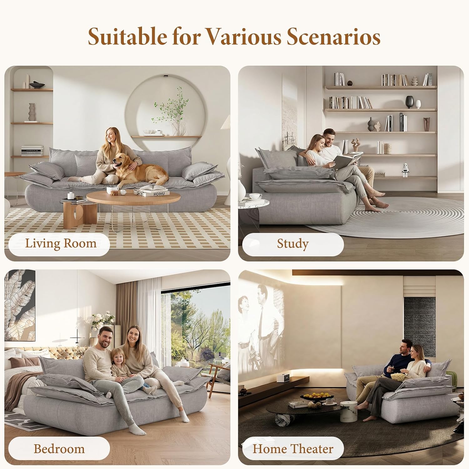 Vesgantti 86.6' Cloud Couch for Living Room, Modern 3 Seater Sailboat Sofa with Deep Seat, Comfy Chenille Upholstered Boneless Couch with Curved Armrest, No Assembly Required, Light Grey