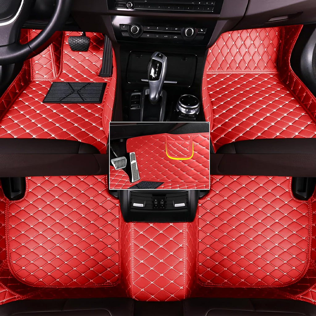 Custom Fit Leather Car Floor Mats for Ford Mustang 2024,Waterproof Anti-Slip Vehicle Floor Liners, Durable Easy Clean Interior Protection Mats(Full Set/Red Beige)